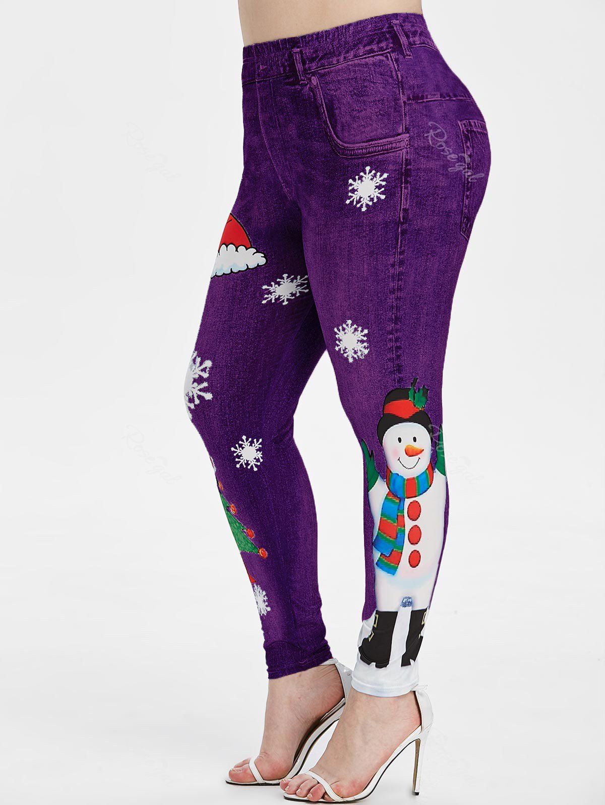 

Plus Size Christmas Snowman Snowflake 3D Print Jeggings, Purple