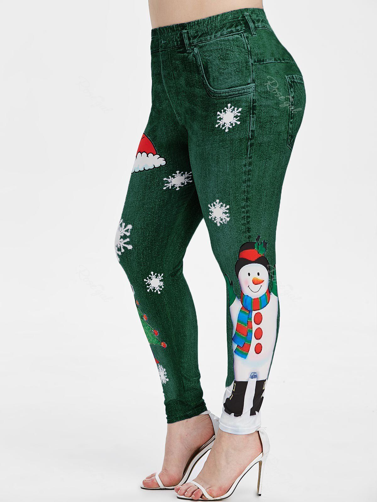 Legging de Noël 3D Bonhomme de Neige et Flocon de Neige Imprimés Grande Taille Vert Printemps Moyen 1X