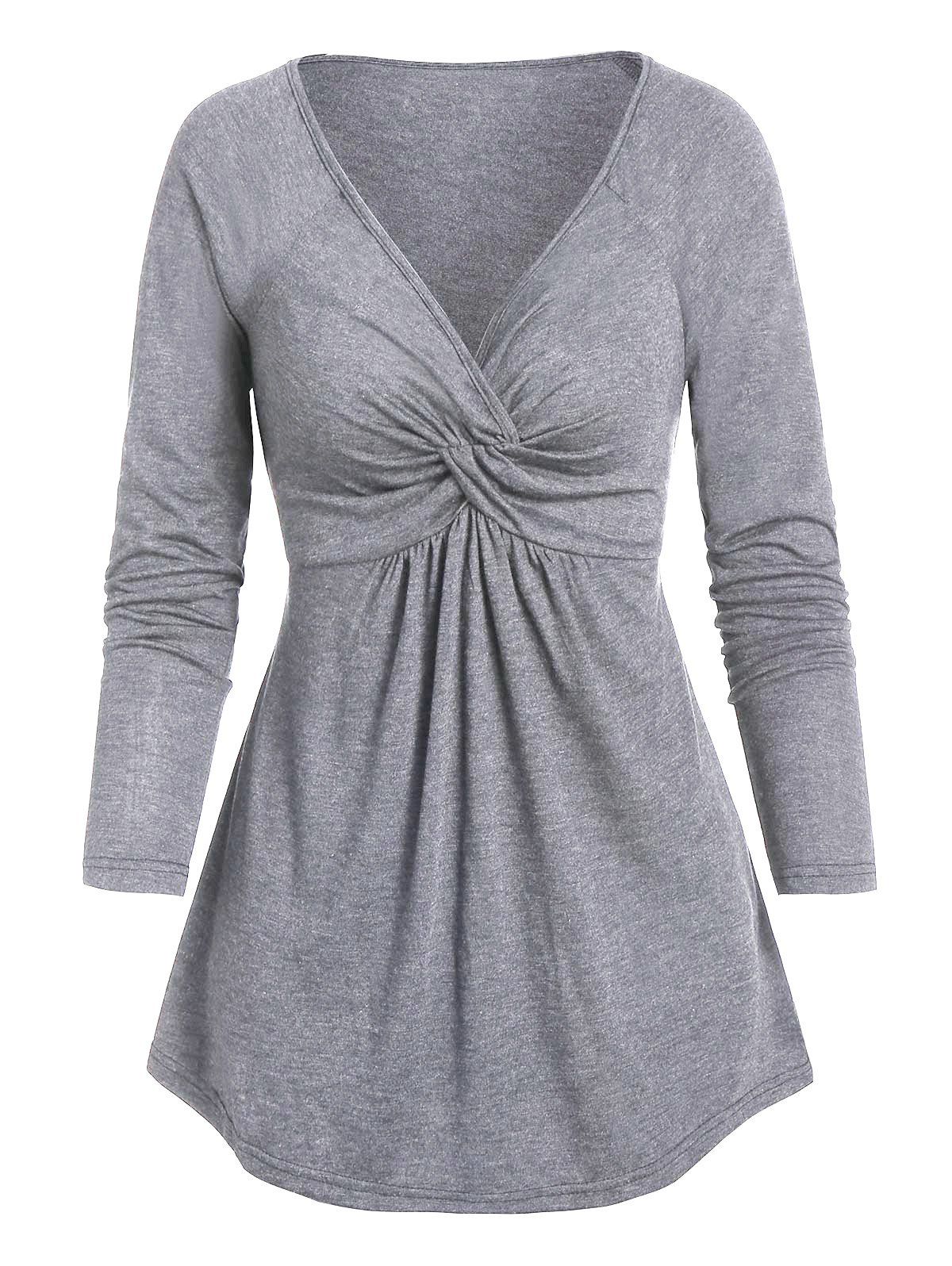 

Twist Front Plunge Neck Raglan Sleeve T-shirt, Light gray