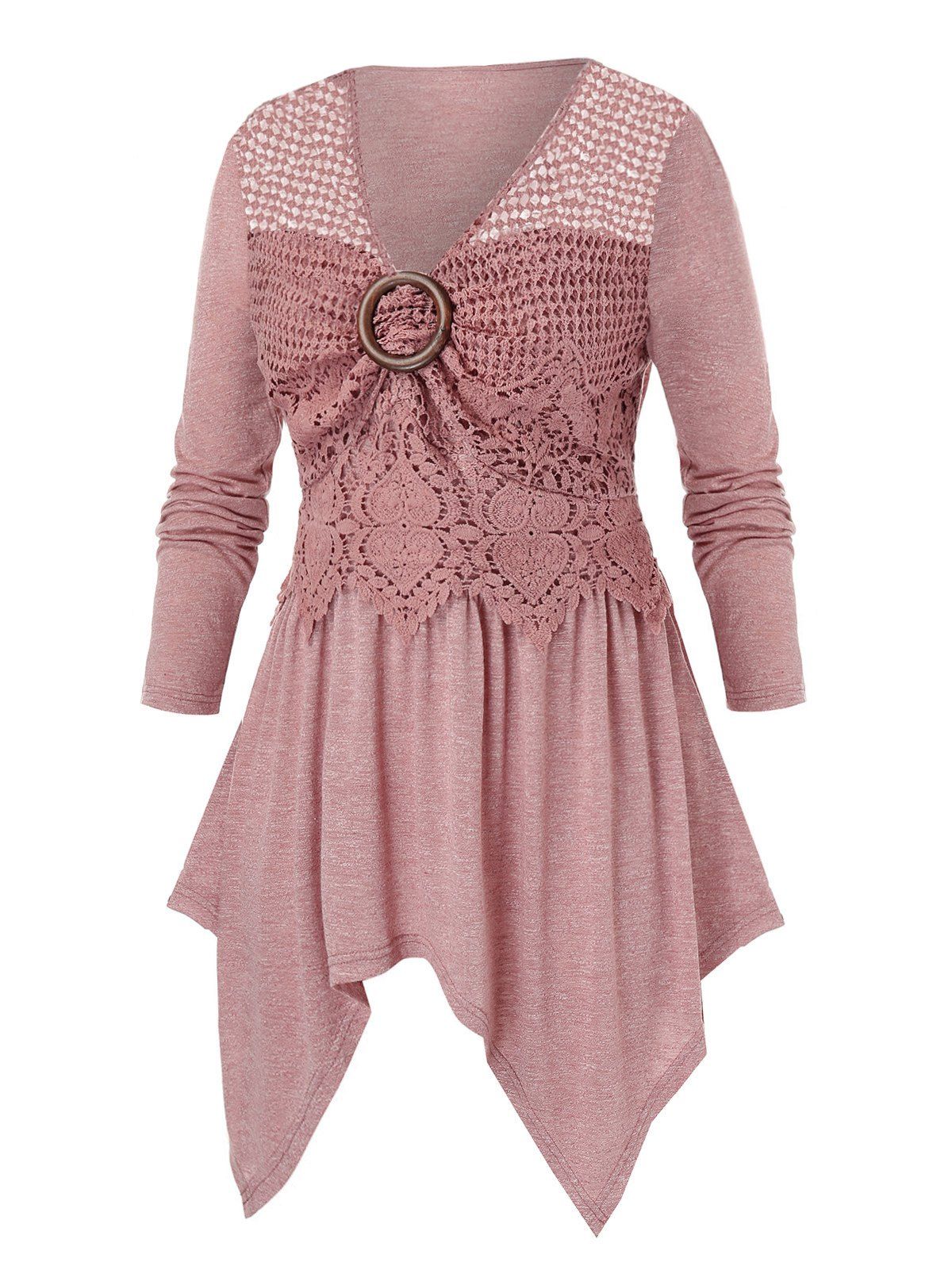 

Plus Size Guipure Lace Asymmetrical Handkerchief Long Sleeve Tee, Pink