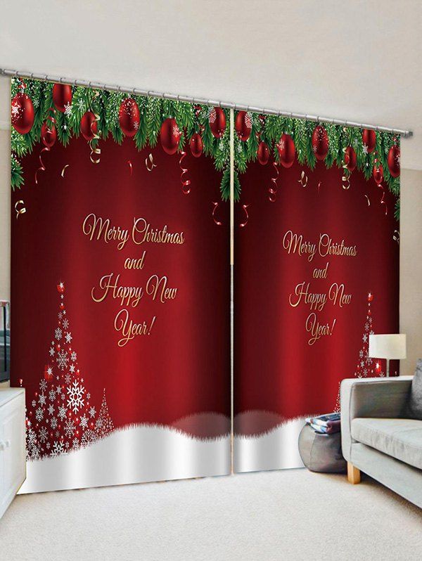 

2 Panels Christmas Tree Balls Greeting Printed Window Curtains, Multi