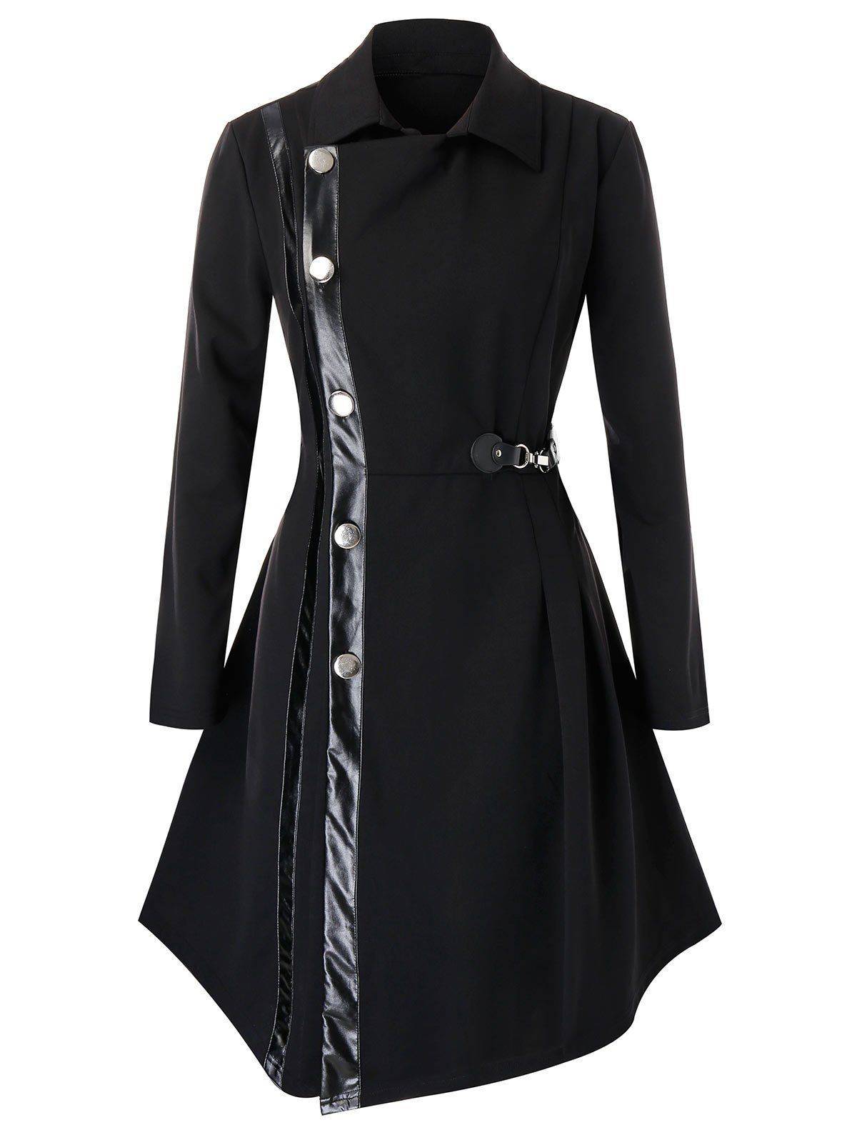 

Plus Size Asymmetric PU Trim Buckle Skirted Coat, Black