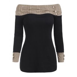 

Knit Panel Buttons Long Sleeves Top, Black