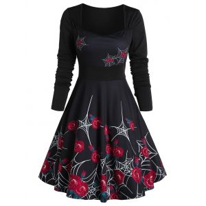 

Rose Spider Web Print Fit And Flare Dress, Black