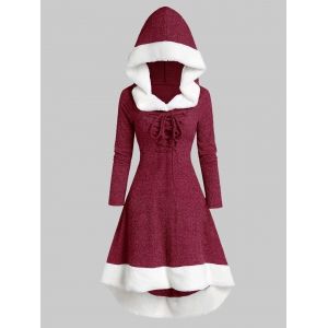 

Plus Size Lace Up Faux Fur Hooded Marled Knit Asymmetric Dress, Red wine