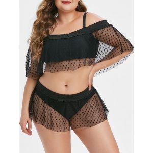 

Plus Size Heart Mesh Open Shoulder Two Piece Swimwear, Black