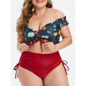 

Lace Up Cinched Funny Planet Off Shoulder Plus Size Two Piece Swimsuit, Red