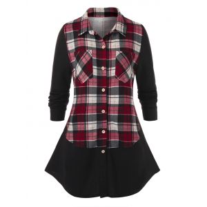 

Plus Size Plaid Splicing Pockets Shirt, White