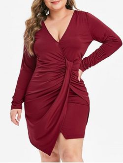 Plus Size Ruched Overlap Long Sleeve Sheath Dress - RED WINE - M