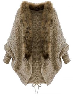 Plus Size Faux Fur Lace Up Cable Knit Cardigan - CAMEL BROWN - ONE SIZE