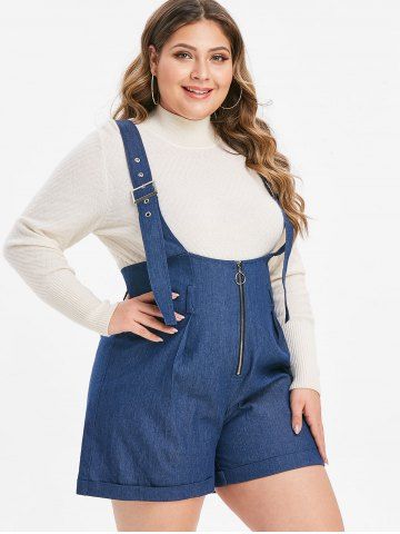 

Plus Size Buckle Strap Cuffed Chambray Suspenders Shorts, Denim dark blue