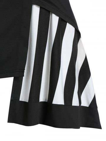 

Button Striped Panel Irregular Round Neck Tunic Top, Black