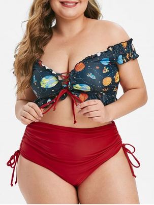 Lace Up Cinched Funny Planet Off Shoulder Plus Size Two Piece Swimsuit