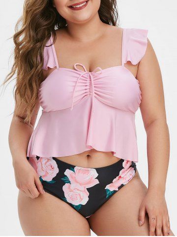 Plus Size Floral Print Ruched High Waist Peplum Tankini Swimsuit - PINK - 4X