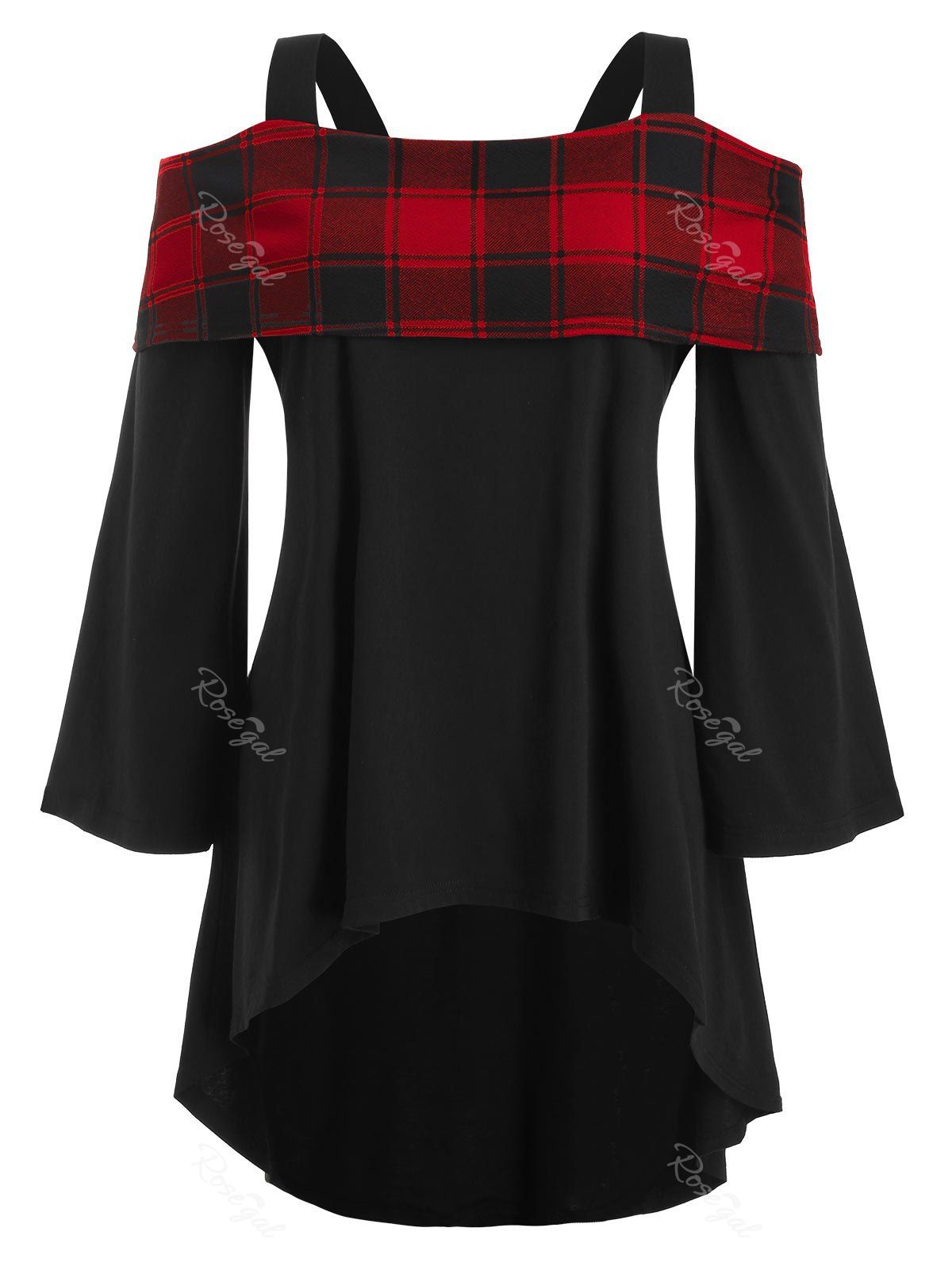 

High Low Plaid Overlay Cold Shoulder Plus Size Top, Multi