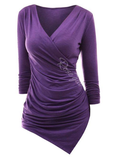 

Plus Size Asymmetrical Ruched Surplice T Shirt, Purple