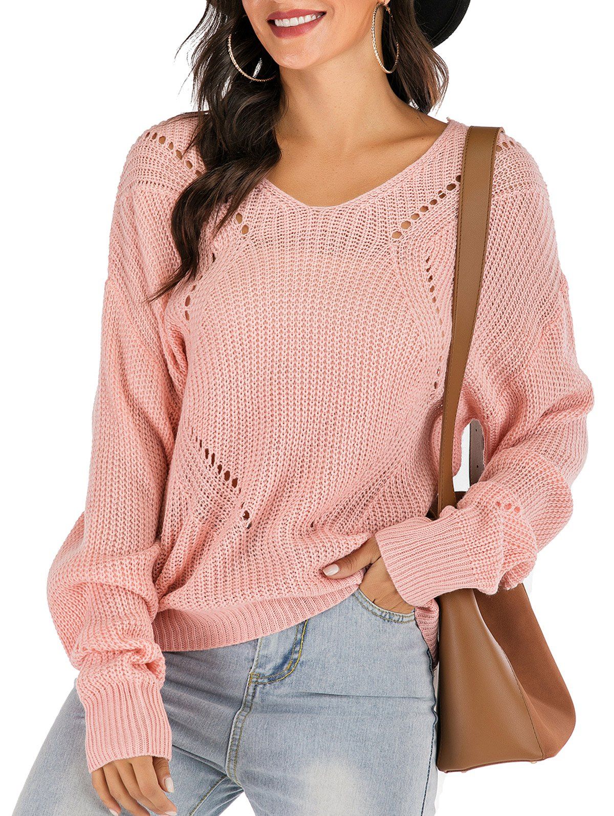 

Ribbed Drop Shoulder Lace-up Open Knit Sweater, Pink