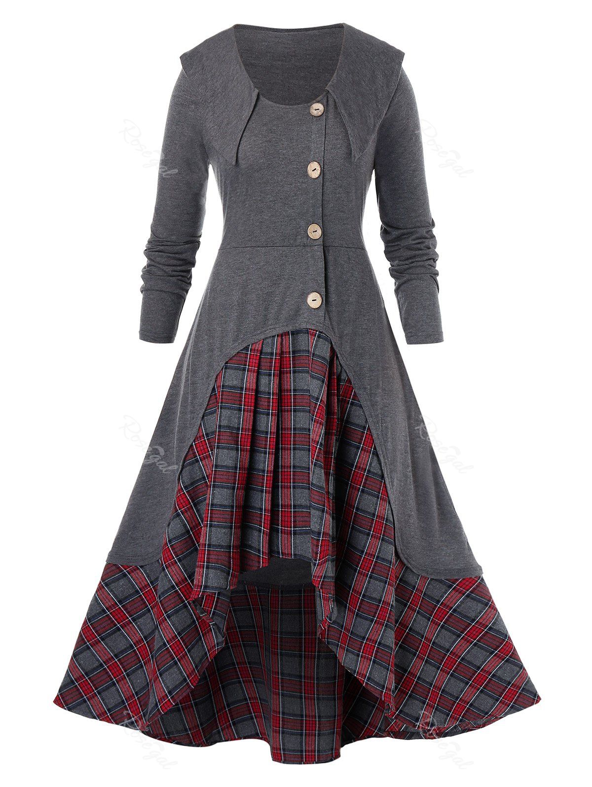 

Plus Size Plaid Print Mock Button High Low Faux Twinset Dress, Gray