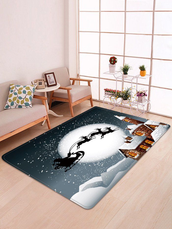 

Christmas Moon Night Sleigh Castle Pattern Water Absorption Area Rug, Multi