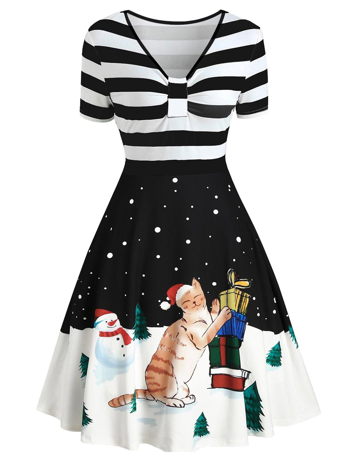 

Christmas Cartoon Cat and Stripe Print Vintage Flare Dress, Black