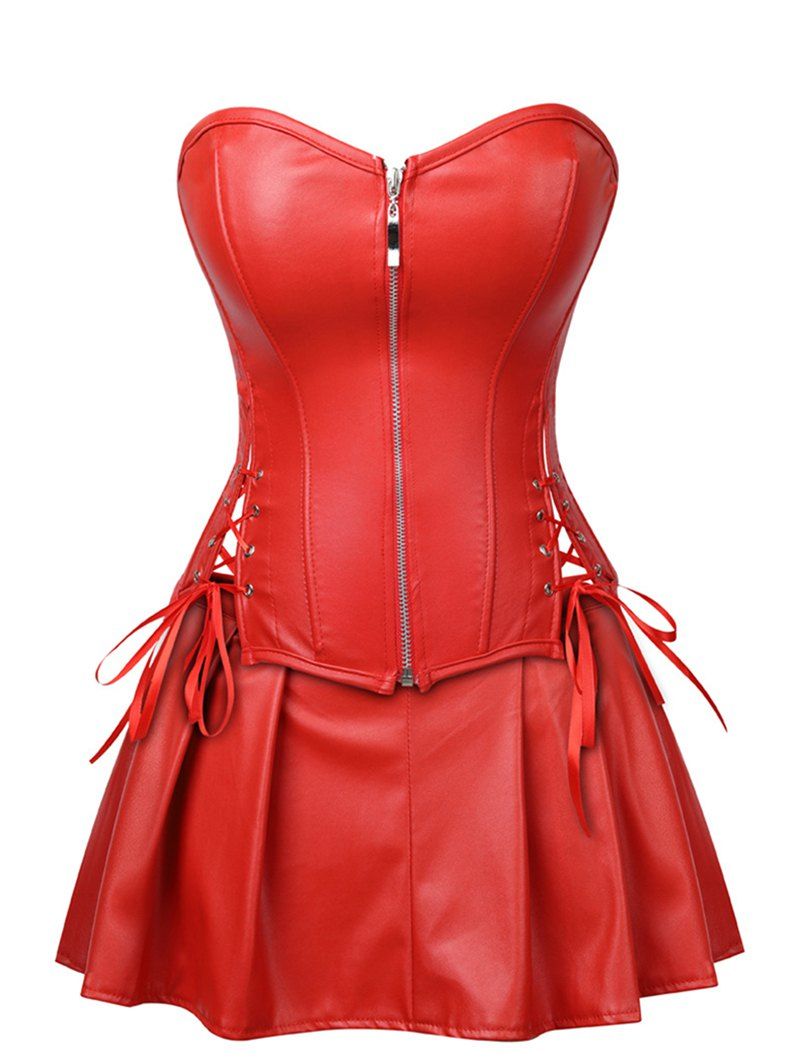 

Lace Up Pleated Faux Leather Corset Set, Red