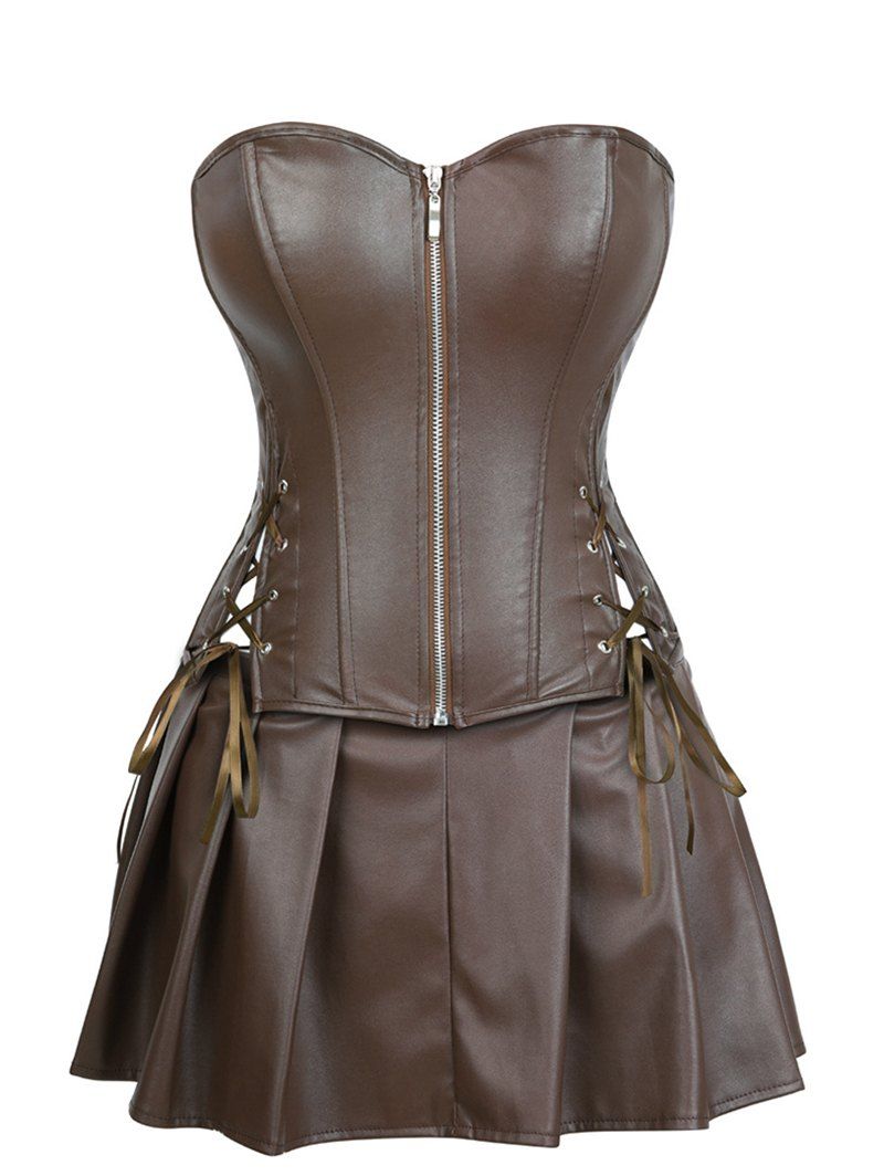 

Lace Up Pleated Faux Leather Corset Set, Coffee