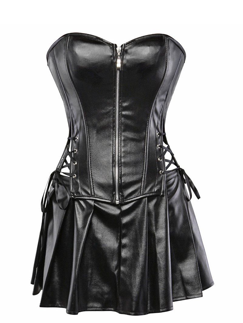 

Lace Up Pleated Faux Leather Corset Set, Black