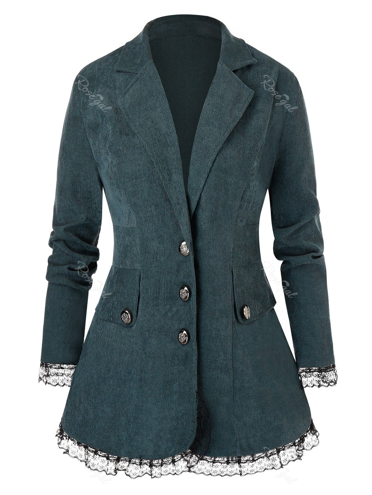 

Plus Size Lapel Lace Trim Corduroy Blazer, Dark green