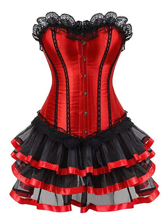 

Lace Up Hook and Eye Lace Panel Corset Set, Red