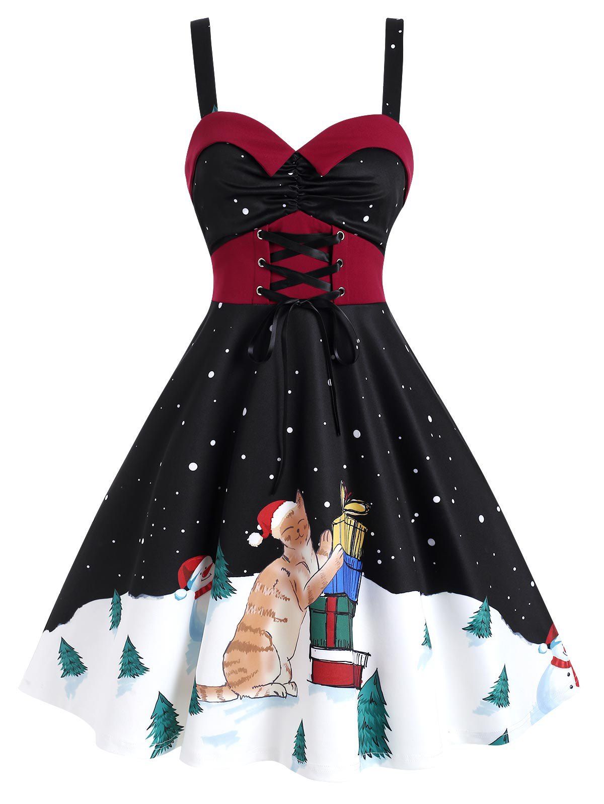 

Christmas Snowman Print Lace Up Cami Dress, Black