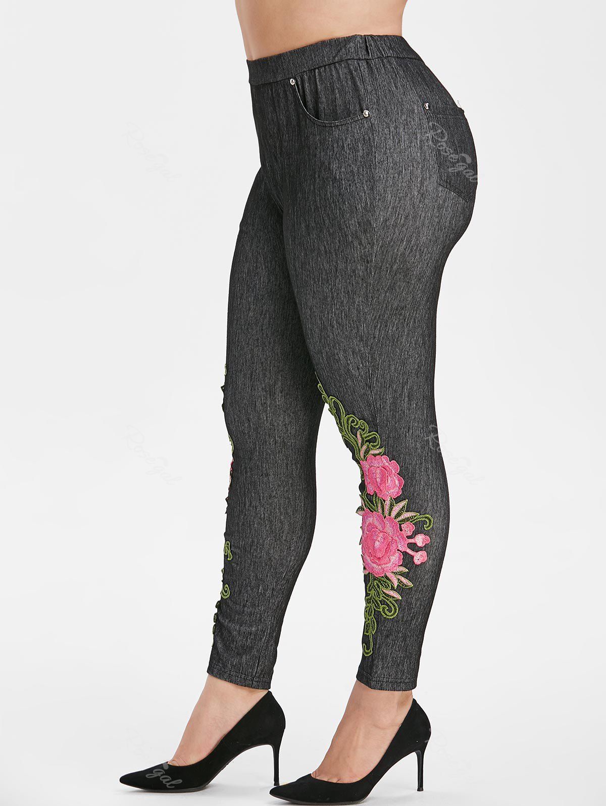 

High Waisted Pockets Floral Applique Plus Size Skinny Pants, Black