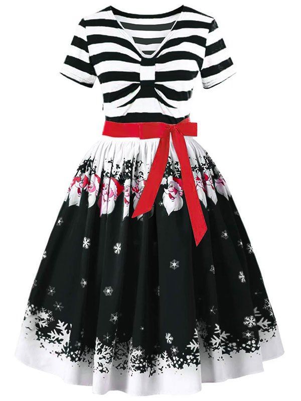 

Christmas Santa Claus and Stripe Print Belted Vintage Dress, Black