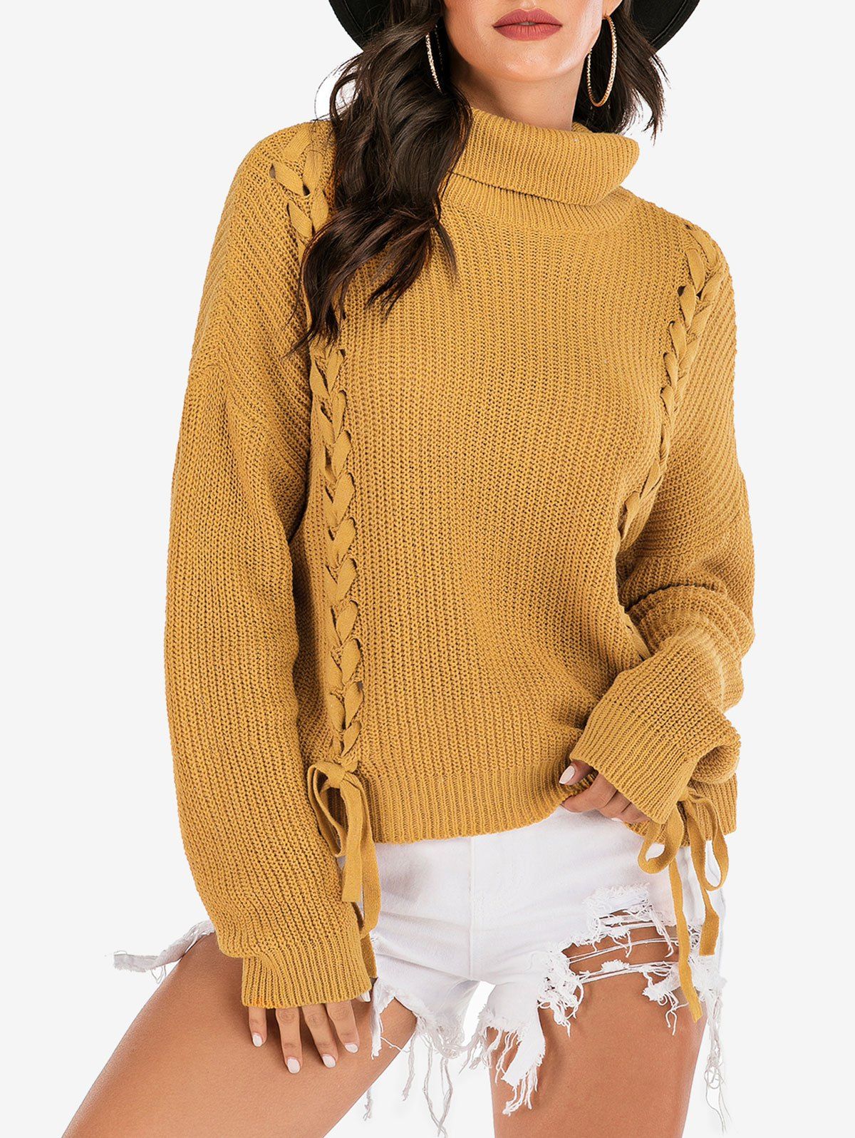 

Turtleneck Lace-up Ribbed Drop Shoulder Sweater, Orange gold