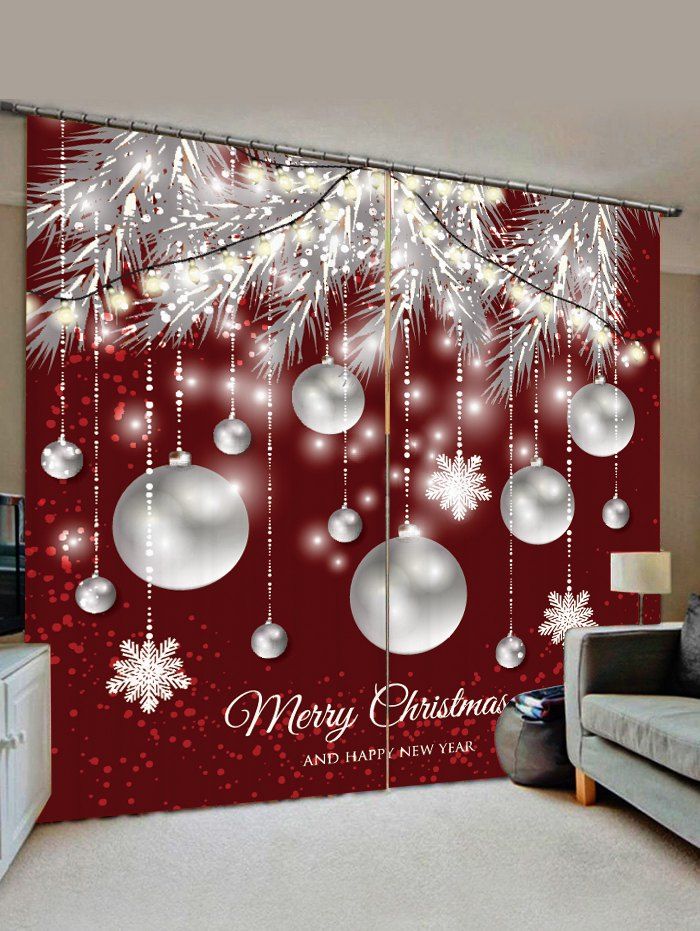 

Christmas Snowflake Ball Pattern Window Curtains, Red wine