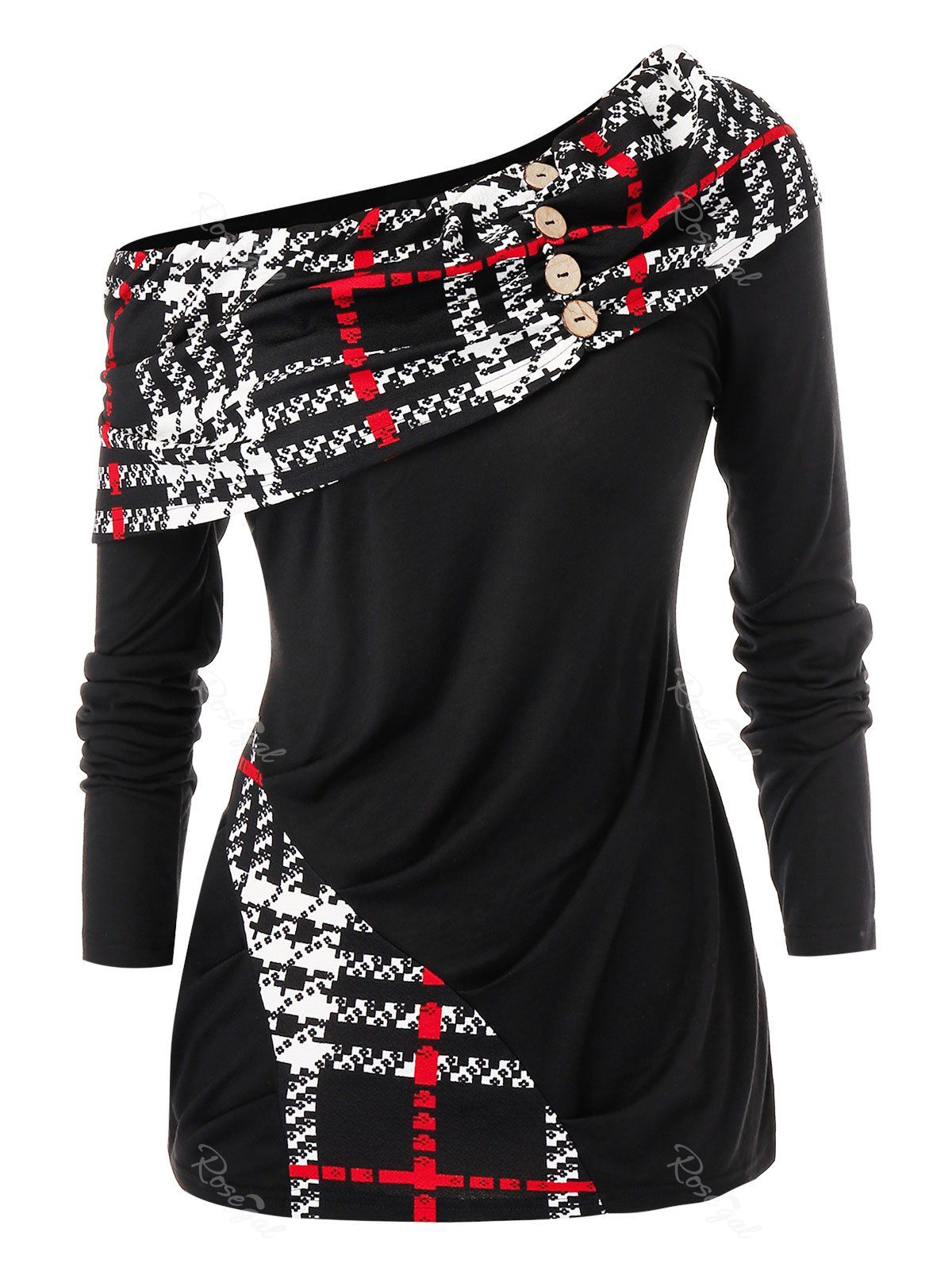 

Plus Size Plaid Skew Neck T Shirt, Black