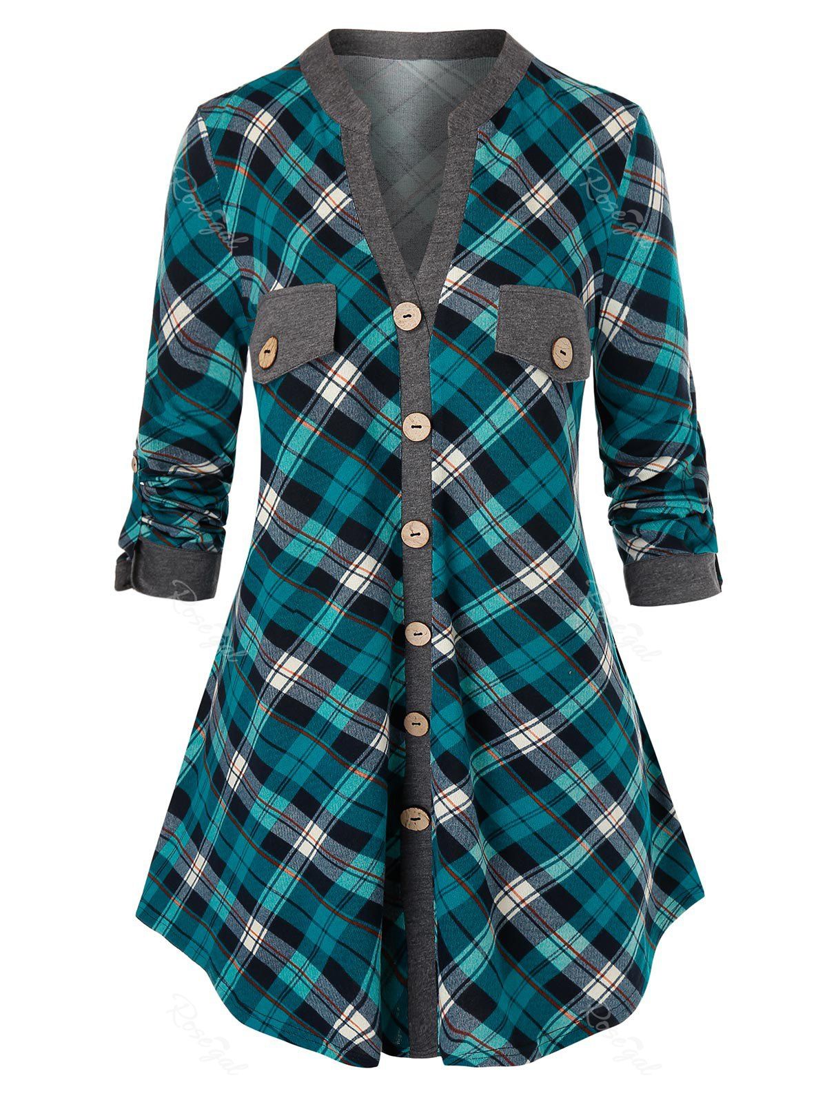 

Plus Size Plaid Mock Buttons Roll Up Sleeve Blouse, Macaw blue green