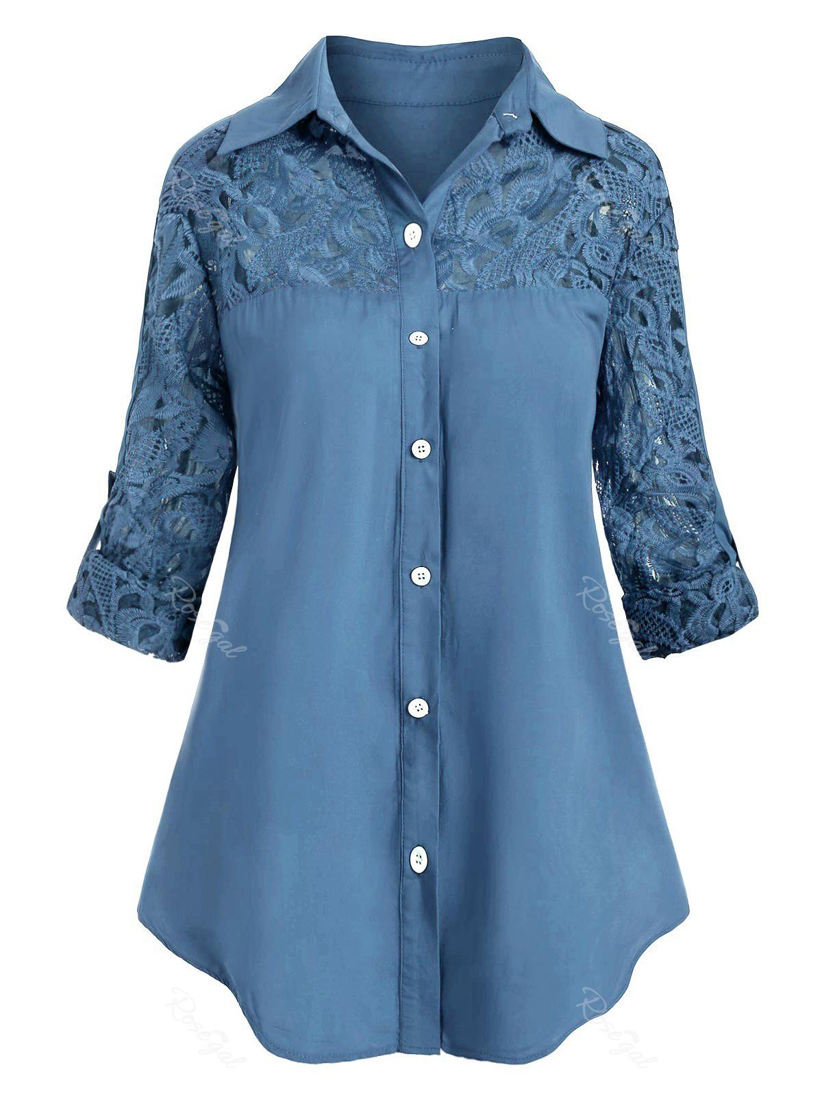 

Plus Size Roll Up Sleeve Lace Panel Shirt, Blue