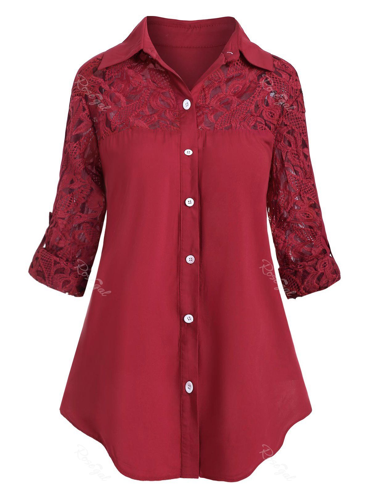 

Plus Size Roll Up Sleeve Lace Panel Shirt, Red wine