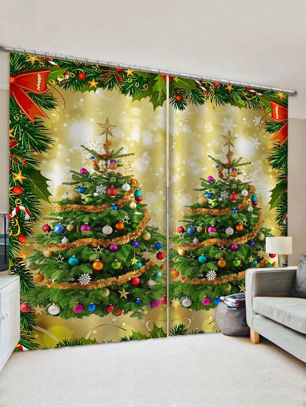 

2 Panels Christmas Balls Tree Bowknot Print Window Curtains, Multi