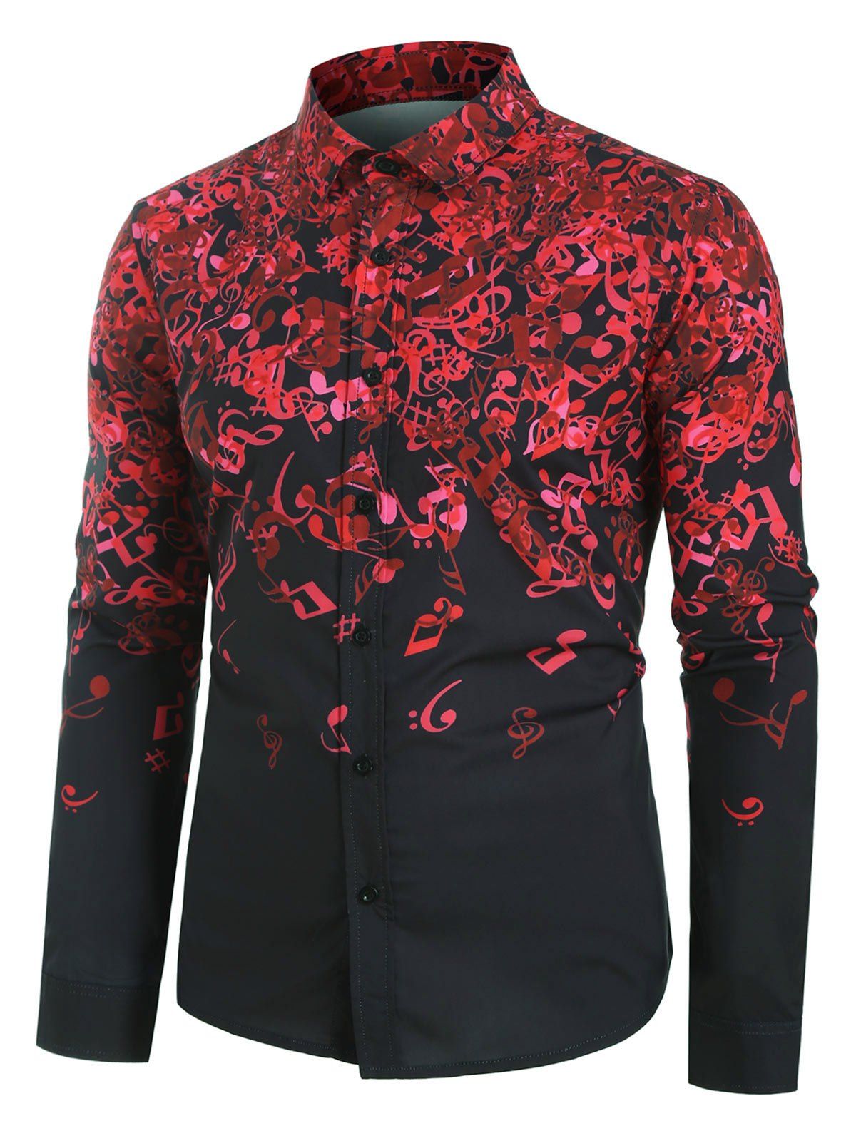 

Plus Size Music Note Print Long Sleeve Button Shirt, Black
