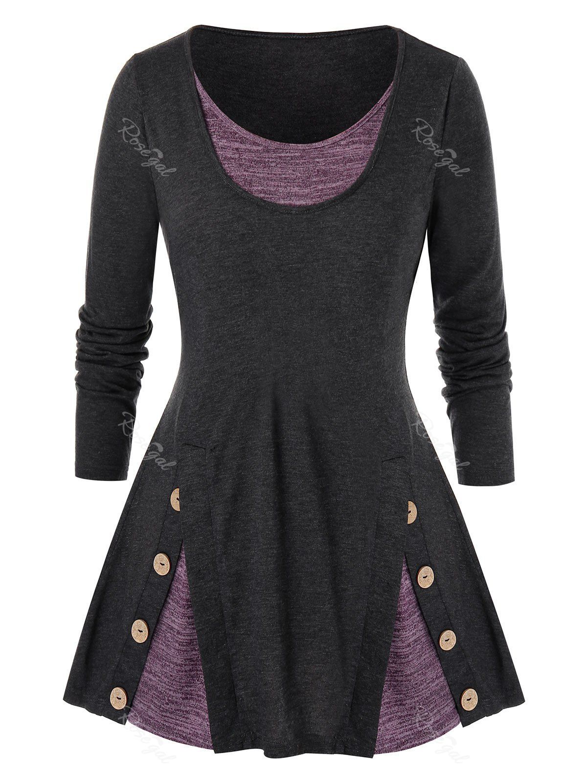 

Plus Size Mock Button Contrast Heathered Faux Twinset T-shirt, Dark gray