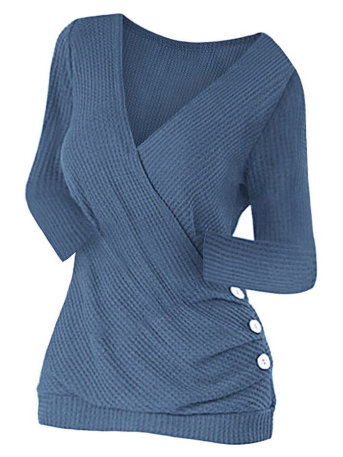 

Mock Button Ruched Surplice Knitwear, Silk blue