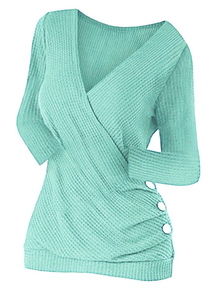 

Mock Button Ruched Surplice Knitwear, Light aquamarine