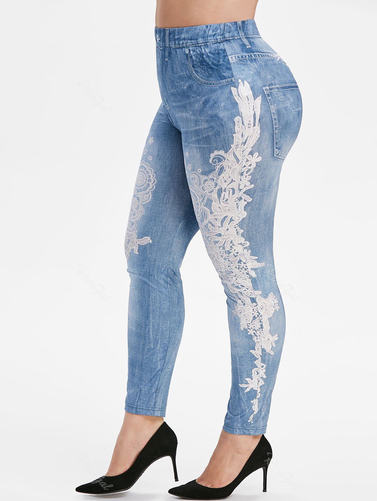 

Plus Size 3D Lace Print Skinny Jeggings, Multi