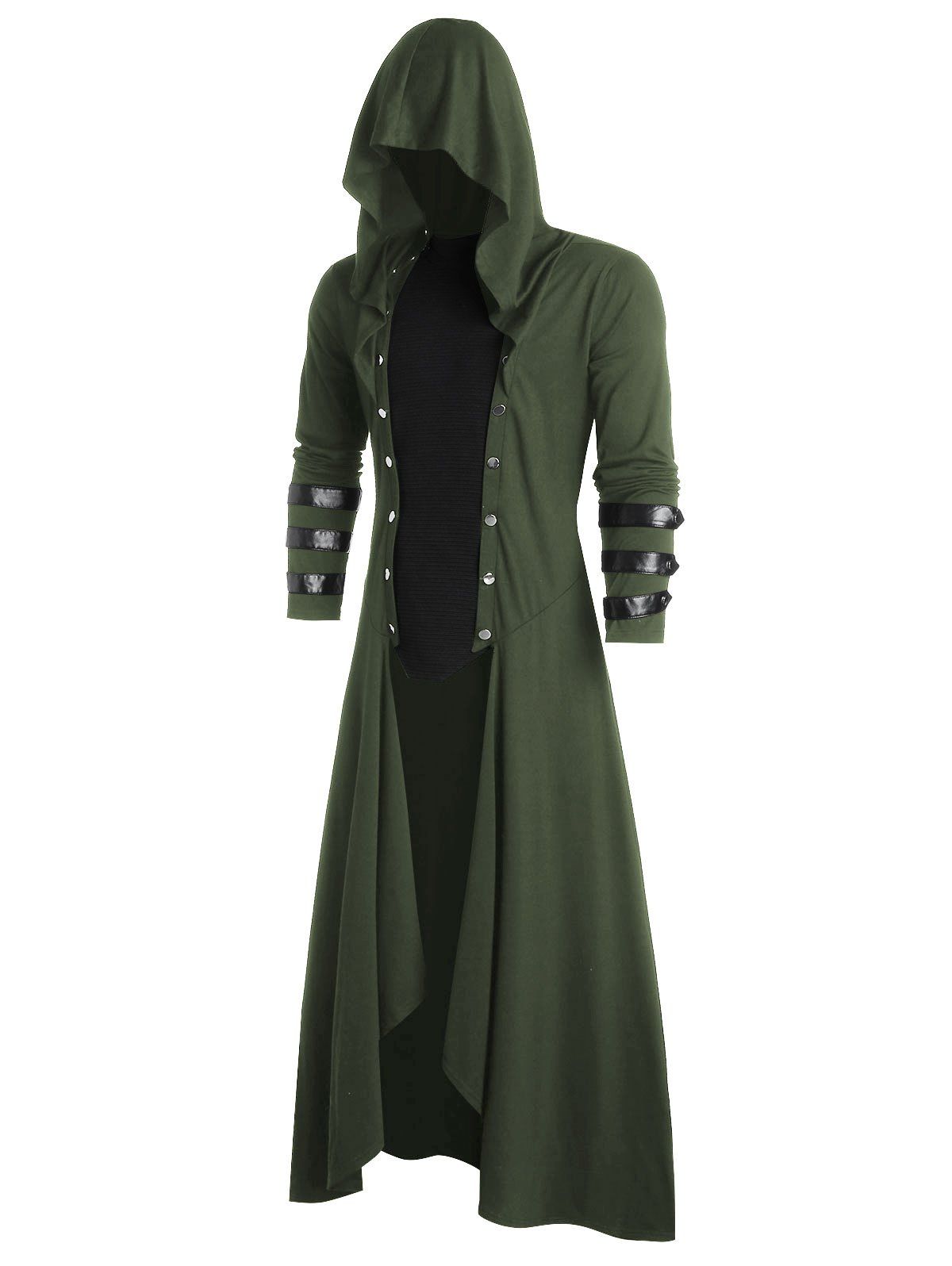 

Faux Leather Insert Button Up High Low Hoodie, Army green