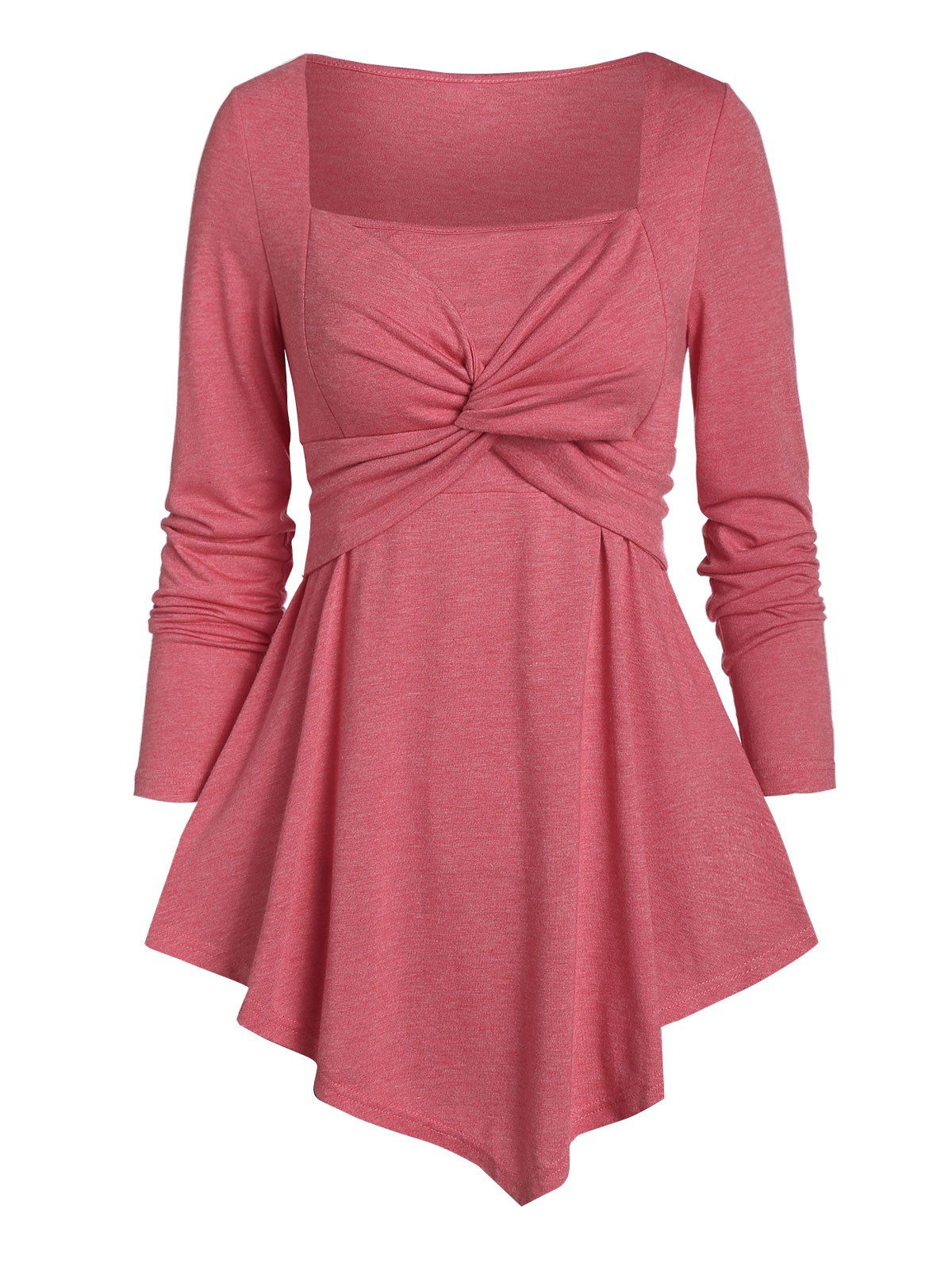 

Twist Front Pointed Hem Heathered Long Sleeve T-shirt, Red