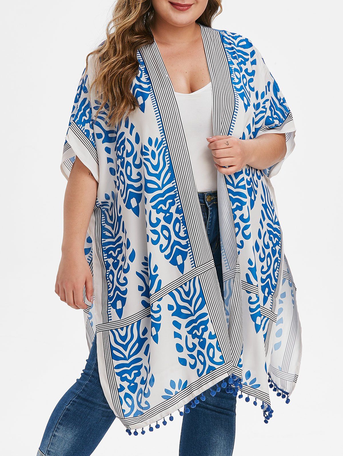 

Plus Size Printed Slit Pom-pom Trim Kimono, Blue koi