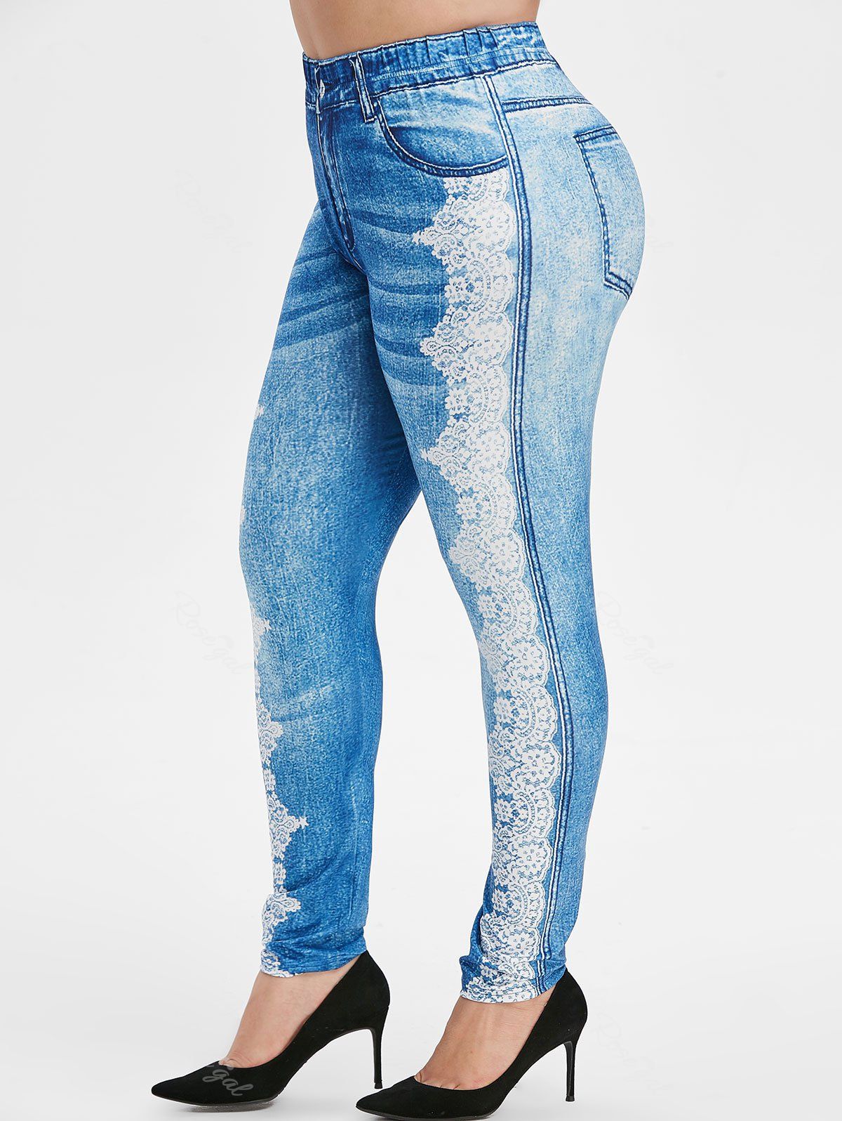 

Pull on High Waisted 3D Lace Printed Plus Size Jeggings, Denim blue