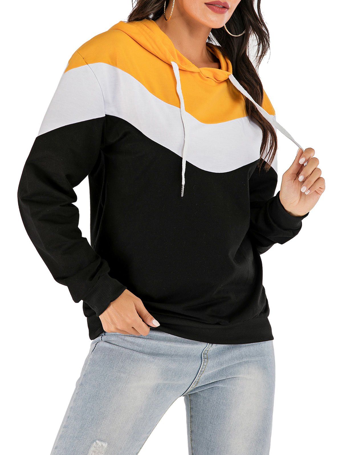 

Contrast Rib-knit Trim Drawstring Hoodie, Yellow