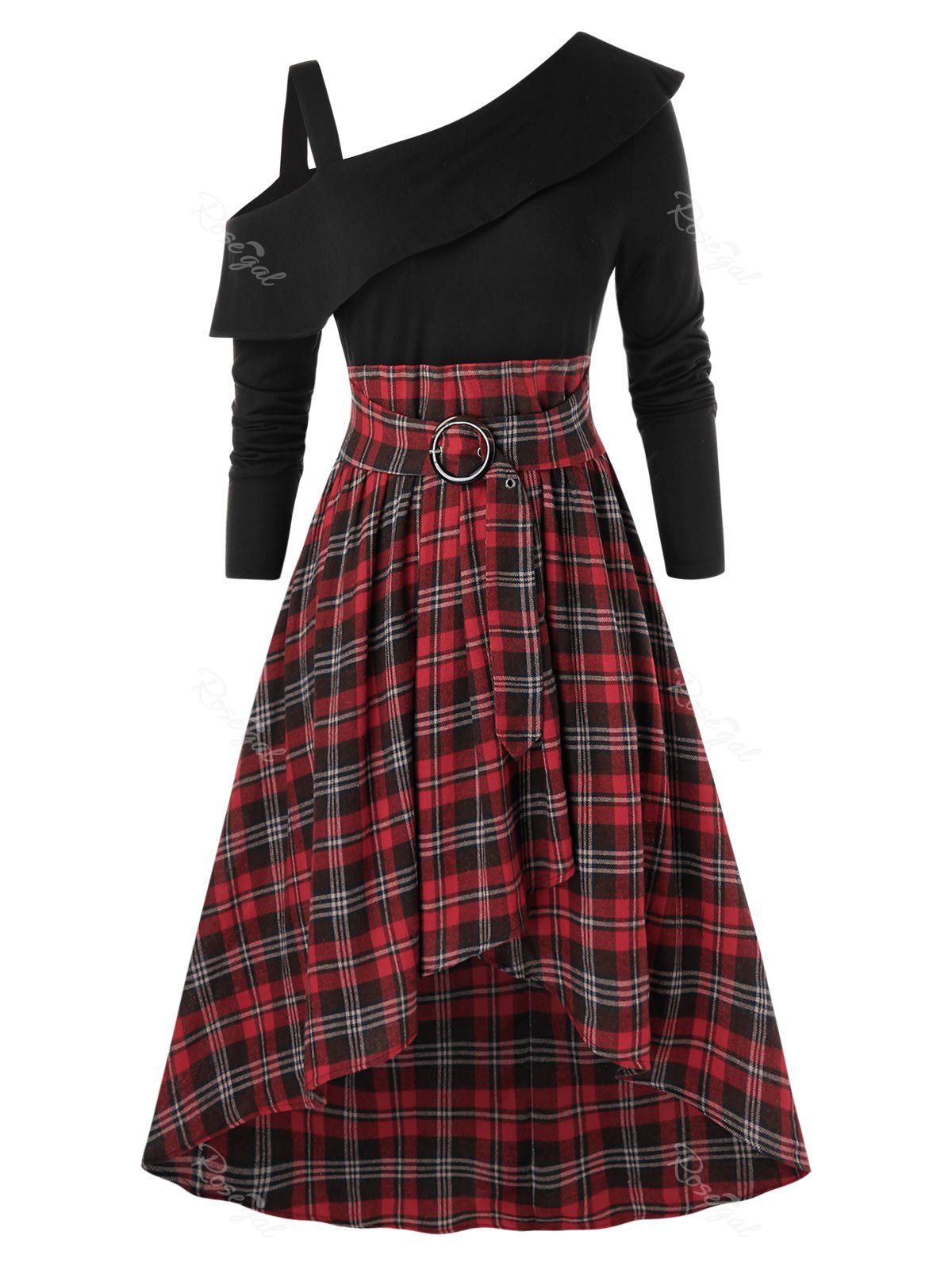 

Plus Size Ruffled High Low Skew Neck Plaid Dress, Black